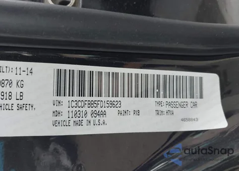 2015 Dodge Dart Sxt из США, поврежденный, VIN 1C3CDFBB5FD159623